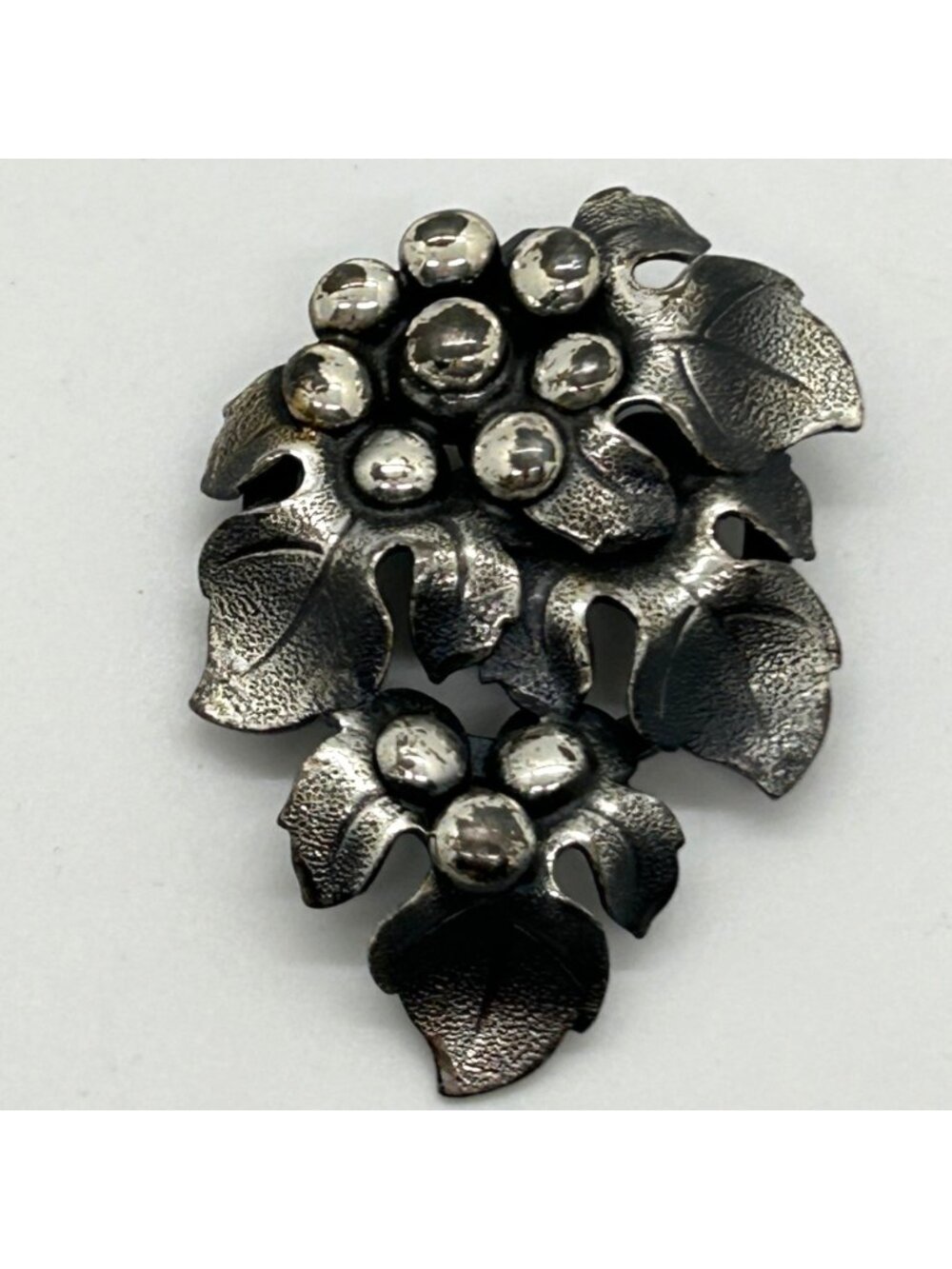 Vintage Grape Cluster Leaf Brooch Silver Tone Mid Century Modern Botanical Jewel